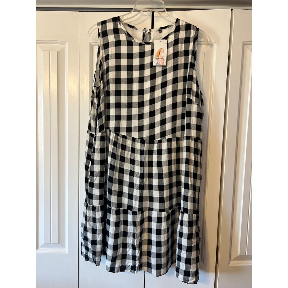 Prettygarden Womens XXL Black White Gingham Plaid Tiered Cotton Sleeveless Dress